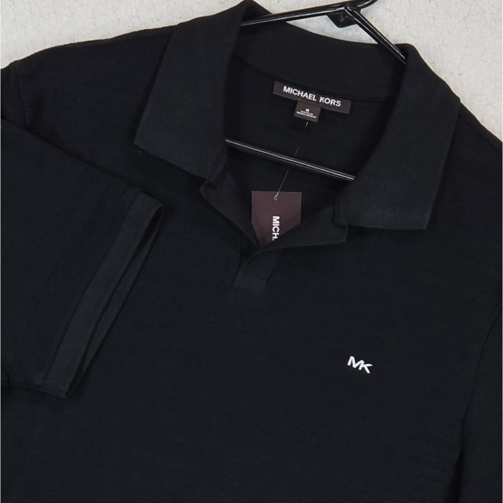 Michael Kors Mens Polo Shirt M Black Textured Short Sleeve MK Logo Luxury Tee M